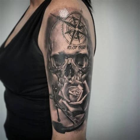 Skull And Rose And Compass Tattoo By Kris M Limited Availability At