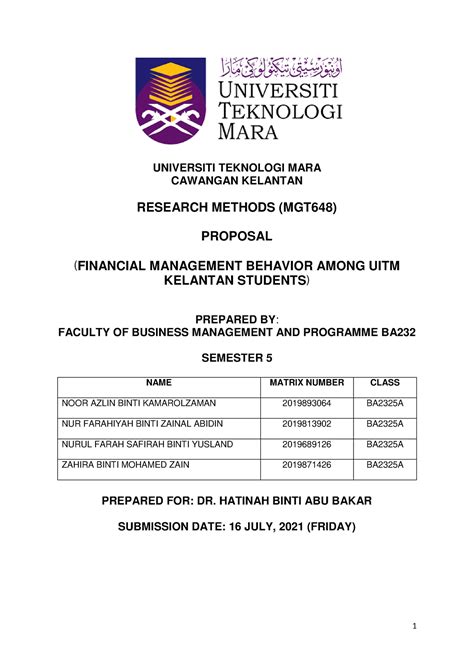 Cth Proposal Universiti Teknologi Mara Cawangan Kelantan Research