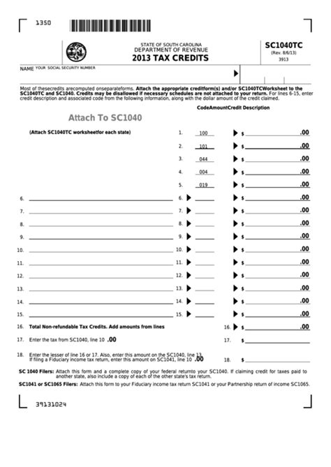 Fillable Form Sc1040tc Tax Credits 2013 Printable Pdf Download