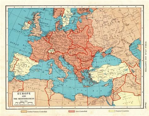 1942 Antique Wartime Europe Map Wwii Mediterranean Map Gallery Wall Art