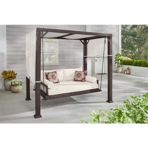 Hampton Bay 61 In Metal Wicker Patio Daybed Swing With Almond Biscotti