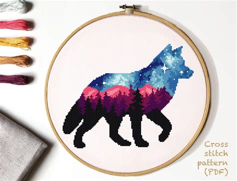 Fiber Arts Wolf Howl Cross Stitch Pattern Forest Landscape Pattern