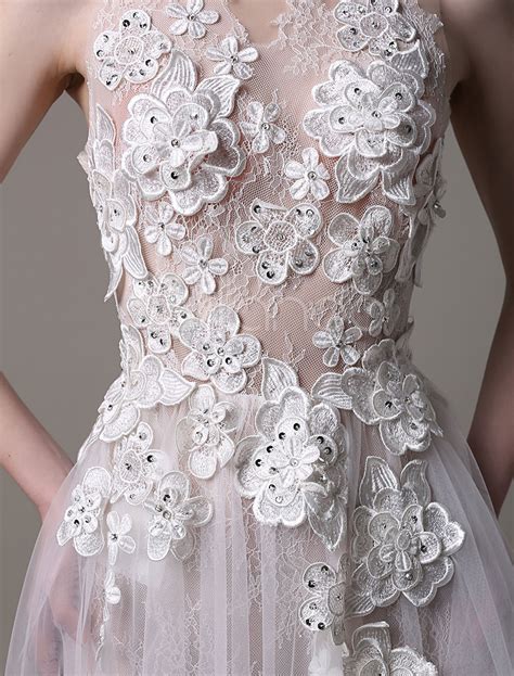 sexy wedding dress in lace and tulle with sheer illusion tulle bodice 3d floral applique milanoo