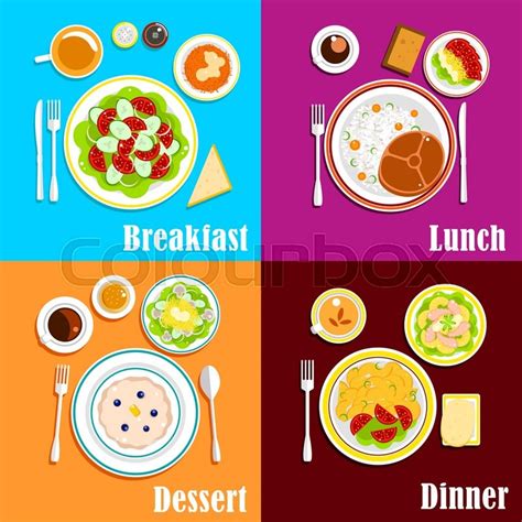 Breakfast, lunch, dinner and snack. European cuisine dishes for breakfast, dinner and lunch ...