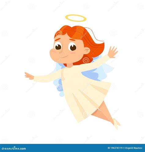 Cute Baby Angel Flying In Sky Angelic Girl With Wings And Halo Cartoon