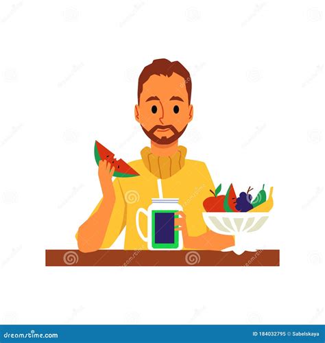 Young Man Eating Fruits And Vegetables Flat Vector Illustration