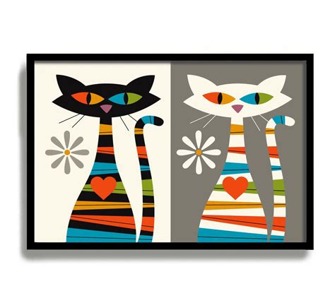 Mid Century Modern Wall Art Cat Art Print Black Cat Print Etsy