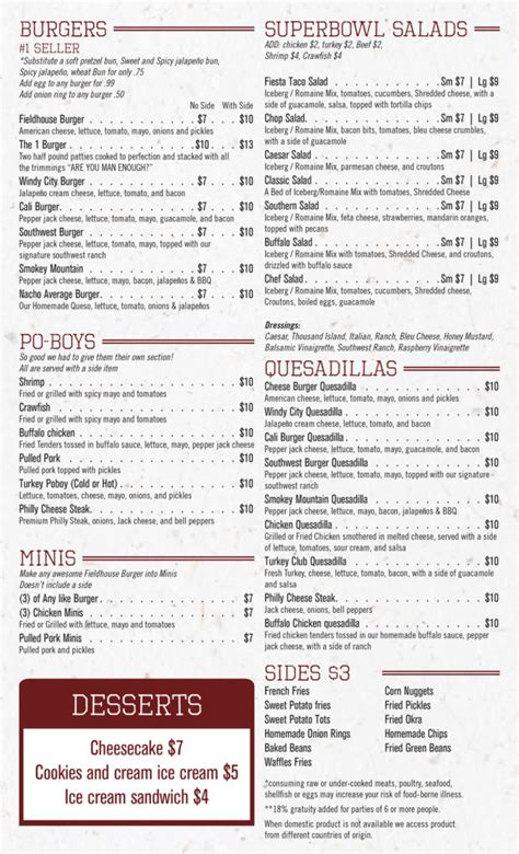 Menu Fieldhouse Bar And Grill