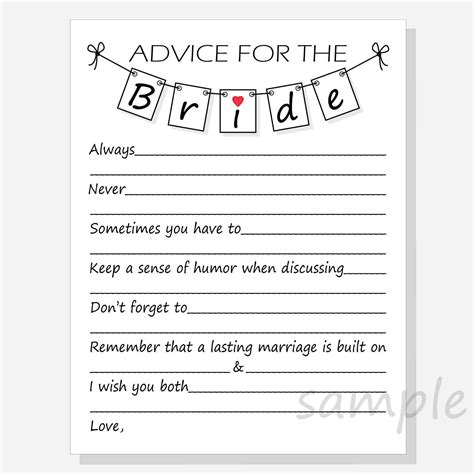 Diy Advice For The Bride Printable Cards For A Bridal Shower Etsy Uk
