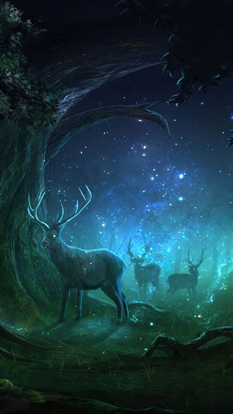 Digital Art Deer Forest Night Nature Fantasy Animals Animal 4k