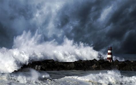Lighthouses In The Waves Sea Lighthouse Storm Waves Wallpaper