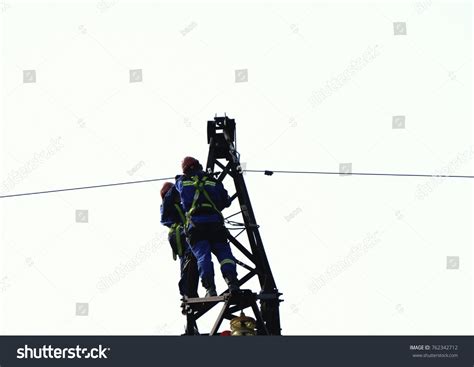Silhouette Electrician Work Installation High Voltage Stock Photo