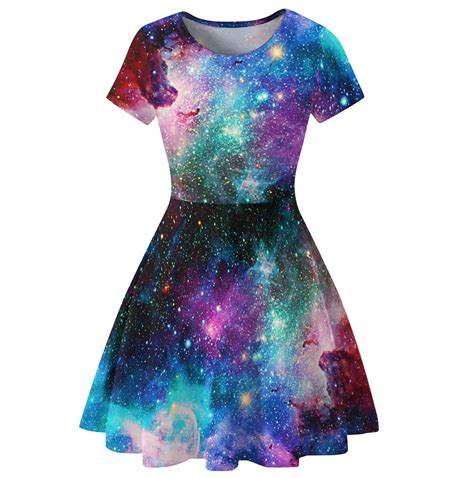 Summer Short Sleeved Round Neck Mini Dress Galaxyspace Print Dress
