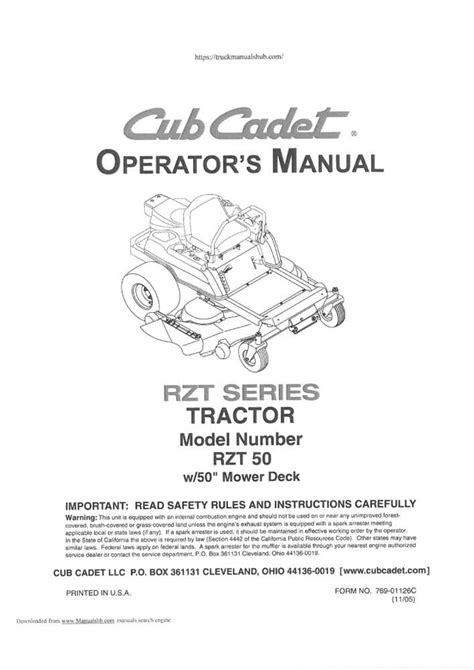 Cub Cadet Zero Turn Garden Tractor Rzt50 Operators Manual