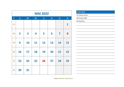 Calendrier Mai 2022 à Imprimer