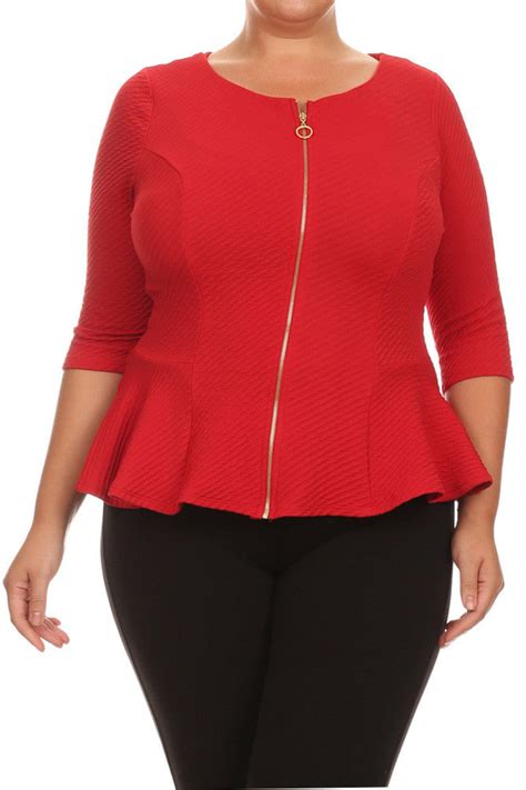 Plus Size Elegant Textured Peplum Red Jacket Plussizefix