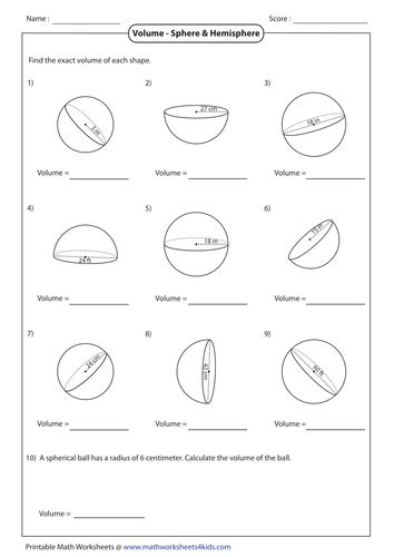 Volume Of Spheres Worksheets