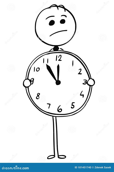 worried man or businessman holding wall clock vector cartoon stick figure illustration