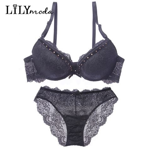 lilymoda women luxury lace rhinestone bra and underwear panty set push up 3 4 cup brassiere sexy
