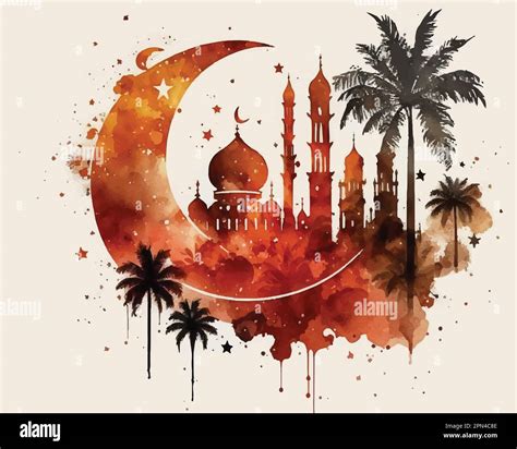 Islamic Art In Watercolor Mosques Palm Trees Moon Stock Vector Image