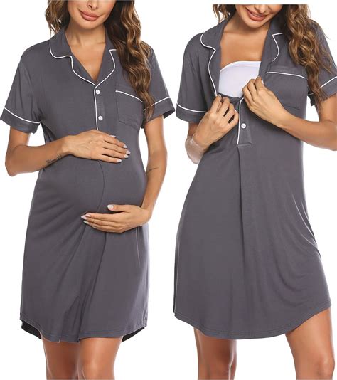 Ekouaer Nursing Nightgowns For Breastfeeding Cotton Button Labor And Delivery Gown Short Sleeve