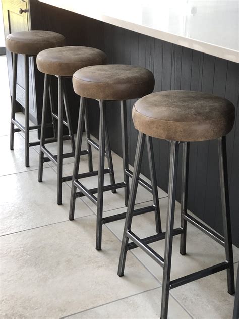 Industrial Bar Stool With Leather Seat Waxed Brshed Raw Steek Frame