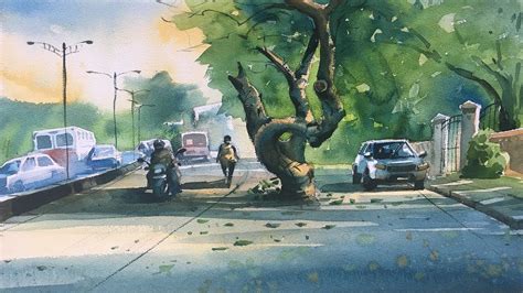 Watercolor Painting Of A Tree On The Road And Beautiful