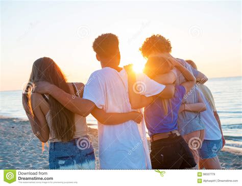 Group Of Happy Friends Having Fun At Ocean Beach Stock Image Image Of