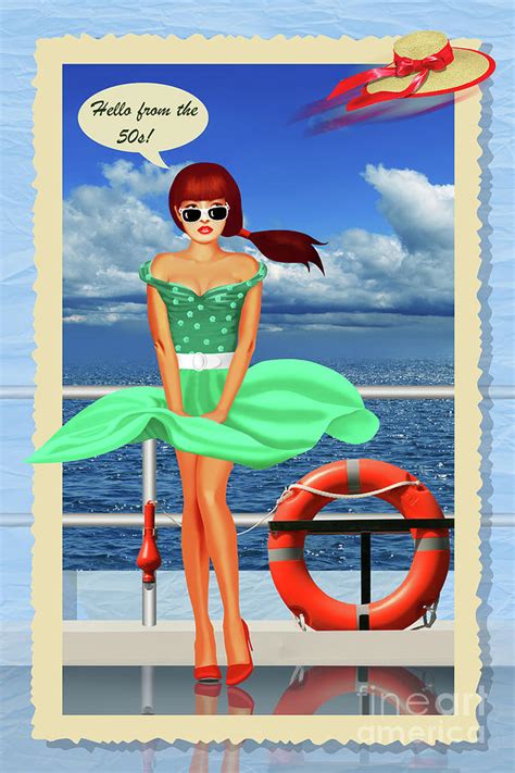 Hello From The 50s Pin Up Girl On A Boat Trip Mixed Media By Monika