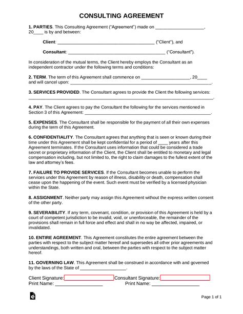 Free One 1 Page Consulting Agreement Template Pdf Word Eforms