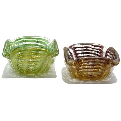 Ercole Barovier Toso Murano Gold Flecks Green Purple Italian Art Glass Bowls For Sale At 1stdibs