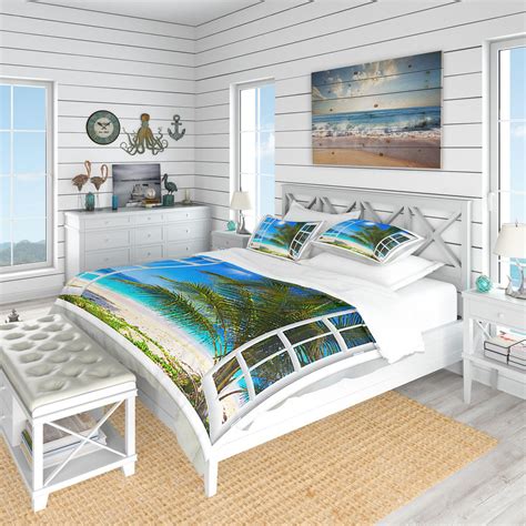 Designart Window Open To Beach With Palm Coastal Duvet Cover Set