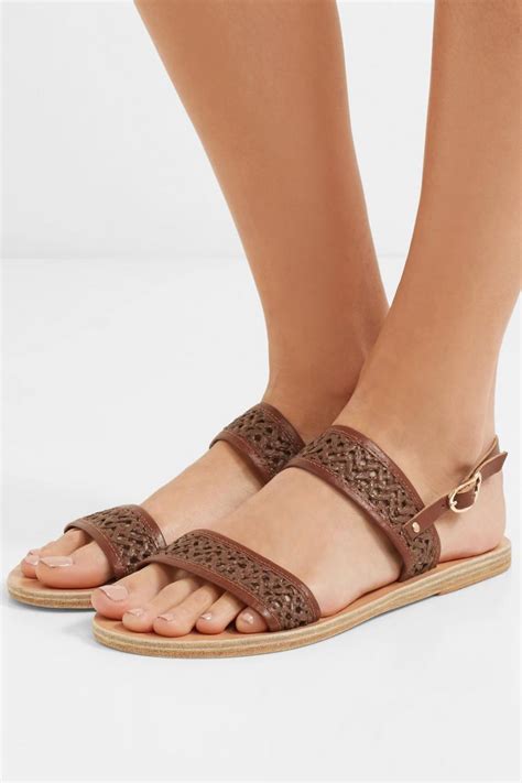 Ancient Greek Sandals Womens Dinami Woven Raffia And Leather Slingback Sandals Brown Brown Flat