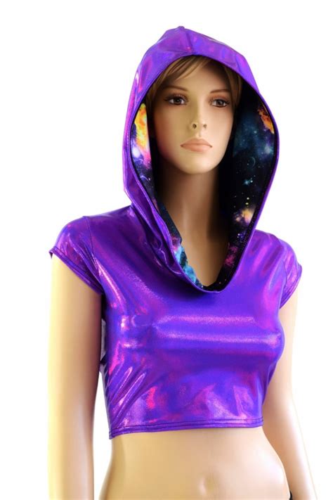 Purple Holographic Cap Sleeve Crop Hoodie And Galaxy Hood Liner Etsy