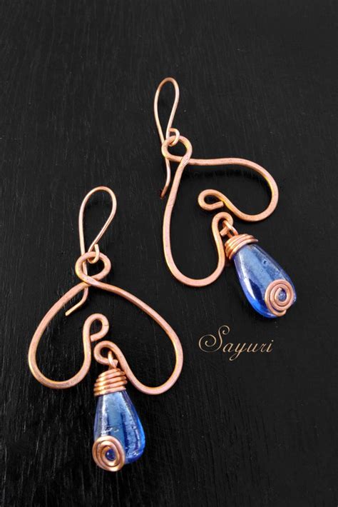 Wire Copper Earrings Blue Sayuri