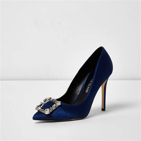 River Island Navy Satin Buckle Court Shoes In Blue Lyst