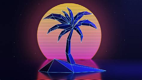 Wallpaper Illustration Sunset Night Neon Blue Palm Trees Retro