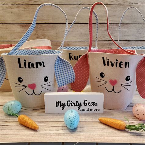 Personalized Easter Baskets Canvas Bunny Basket With Ears Blue Gingham