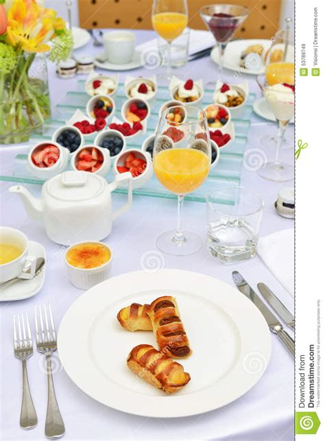 Close up white cup of coffee and breakfast set on white table at restaurant in the morning. Table Set Up For Continental Breakfast Stock Image - Image ...