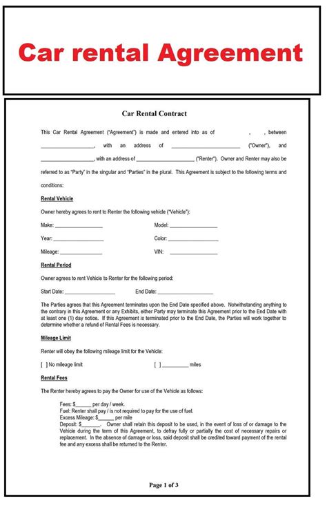 Car Rental Agreement Vehicle Rental Agreement Car Rentals Contract