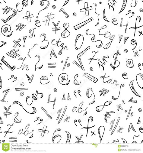 Seamless Pattern Of Hand Drawn Doodle Symbols And Numbers Scribble