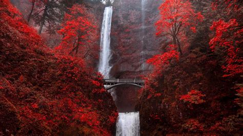 Bridge Between Red Autumn Trees Covered Mountains With Waterfalls