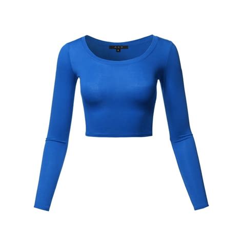 A2y A2y Womens Basic Solid Stretchable Scoop Neck Long Sleeve Crop