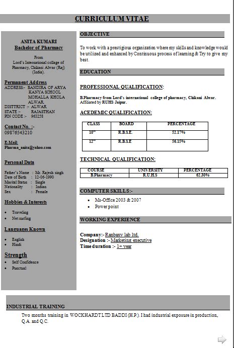 Maybe you would like to learn more about one of these? B Pharmacy Resume Format For Freshers - Resume Templates