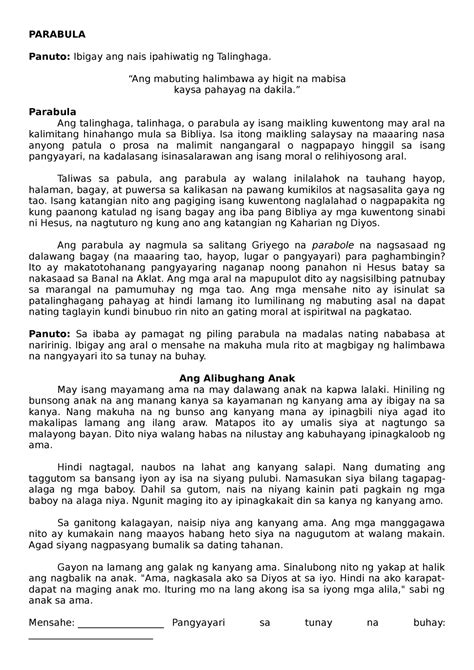 Filipino 9 Ikatlong Markahan Parabula Panuto Ibigay Ang Nais