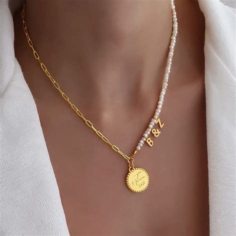 Charming Organic Pearls With Personalized Pendant And Side Initials