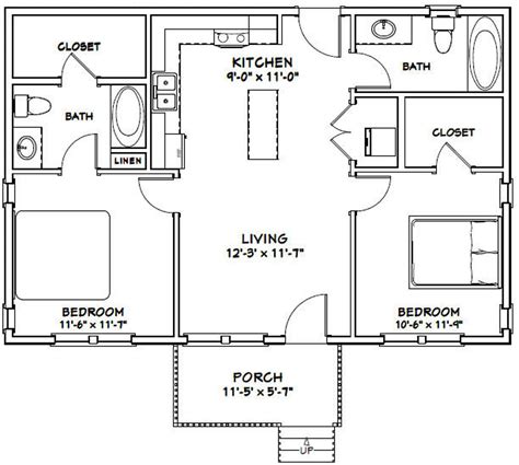 36x24 House 2 Bedroom 2 Bath 864 Sq Ft Pdf Floor Plan Instant Download