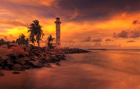 Wallpaper Sea Clouds Palm Trees Lighthouse Island Glow Sri Lanka