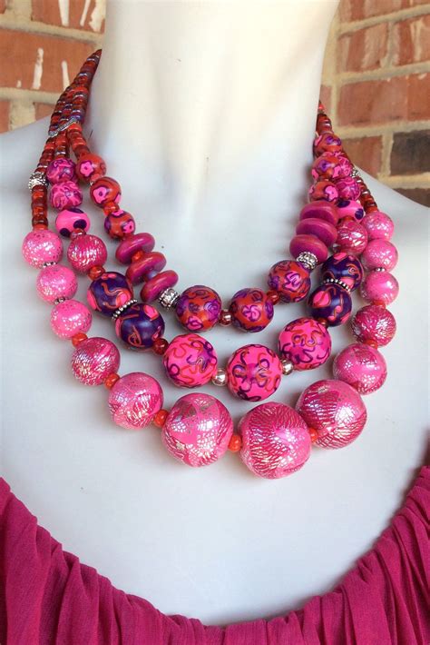 Pink Statement Necklace Bold Beaded Fuchsia Necklace Etsy Pink