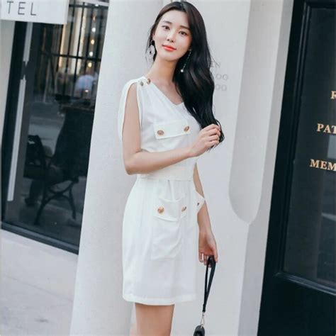 Korean Summer New White Dress 2019 Fashion O Neck High Quality Women Dresses Unique Military